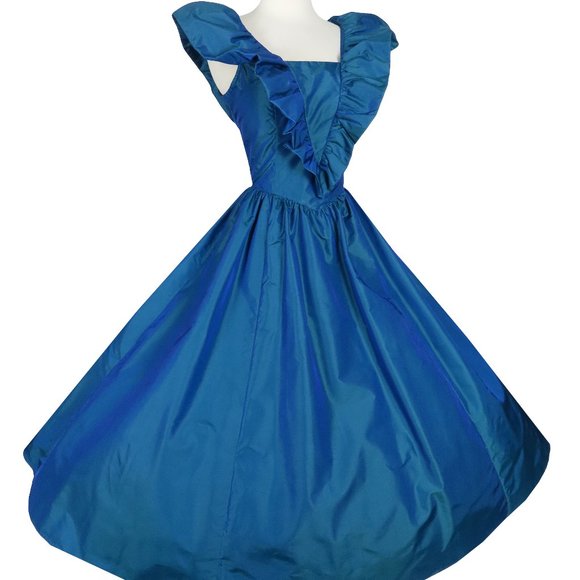 Vintage 80s Gunne Sax Blue Ruffle Taffeta Full Skirt Prom Party Dress M Medium - Picture 4 of 9